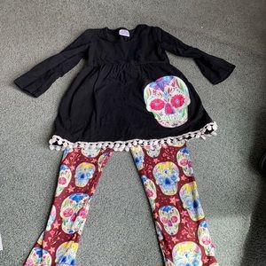 Skull pant set with lace hem Shirt